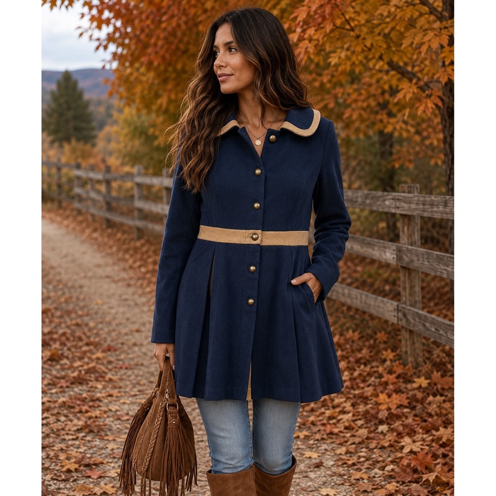 Young Threads Navy Blue Tan Trim Pleated Peacoat Jacket Brass Buttons Medium